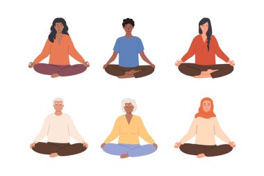 Çeşitli kadın ve erkek grupları meditasyon yapıyor ve yoga yapıyor. Yaşlı, genç bir kadın ve meditasyon yapan bir adam. Beyaz arkaplanda izole edilmiş vektör illüstrasyon karakterleri.