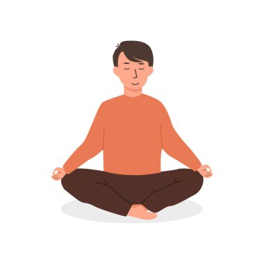 Kafkasyalı çocuk bacak bacak üstüne atıp meditasyon yapıyor. Yoga yapan çocuk ya da genç. Okul konsepti üzerine meditasyon dersi. Beyaz üzerine izole edilmiş vektör düz çizim karakteri.