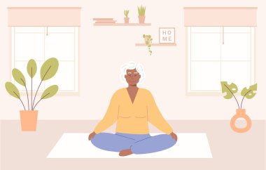 Bacak bacak üstüne atmış, gözleri kapalı, meditasyon yapan modern, yaşlı bir Afrikalı kadın. Yaşlı bunak, rahat bir odada oturup yoga, farkındalık meditasyonu ve nefes kontrol egzersizleri yapıyor. Vektör.
