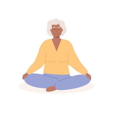 Bacak bacak üstüne atmış ve gözleri kapalı meditasyon yapan modern, yaşlı Afrikalı bir kadın. Yaşlı bunak oturup yoga yapıyor, farkındalık meditasyonu yapıyor, nefes kontrol egzersizleri yapıyor. Vektör düz resimleme.