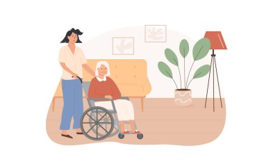 Huzurevinde yaşayan yaşlı bir kadın. Yaşlılar için evde bakım hizmeti. Yerleşik bakım tesisi. Tekerlekli sandalyedeki engelli yaşlıyla ilgilenen gönüllü işçi. Vektör illüstrasyonu.
