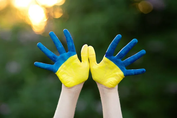 Piccola scolaretta che mostra le mani dipinte di colore giallo e blu. Mani di bambini dipinte in bandiera blu e gialla dell'Ucraina. Festa della bandiera dell'indipendenza ucraina. Giorno della Costituzione. 24 agosto. Vacanza patriottica Fotografia Stock