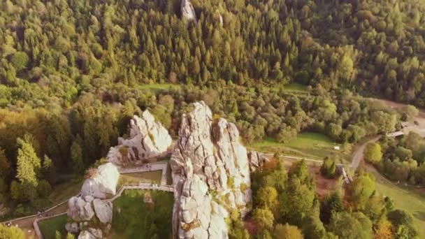 Luftdrone optagelser flyver nær klipper af berømte Tustan fæstning. Ukrainsk middelalderlig klippe-side monument i nationalparken. Rock kompleks af Tustan er populære turistattraktion i Karpaterne bjerge. – Stock-video