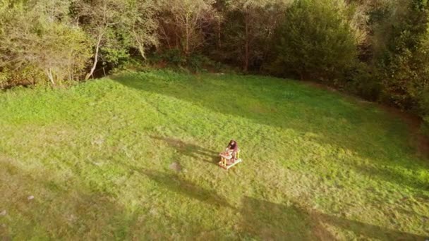 Lucht drone vliegen over de mens pottenbakker werk met klei. Jonge mannelijke pottenbakker op zijn werkplaats buiten op weide — Stockvideo