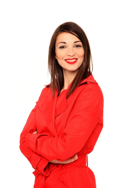 Beautiful girl on a red coat — Stock Photo, Image