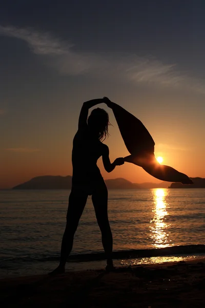 해변에서 여자의 실루엣 — 스톡 사진
