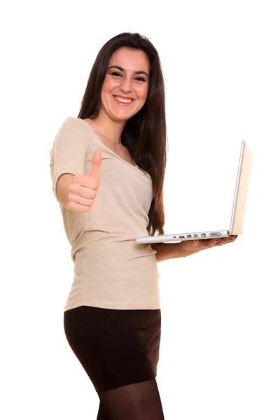 Gelukkig meisje met laptop — Stockfoto