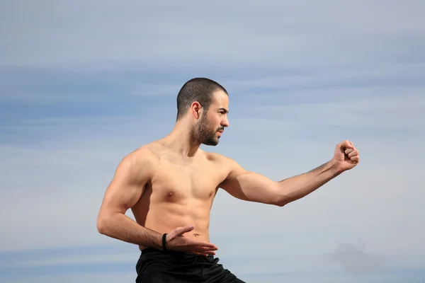 Kick boxer practicando fuera —  Fotos de Stock