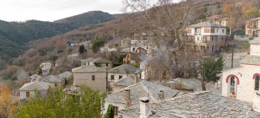 Yunanistan 'ın Pelion kentinde bulutlu bir günde taştan evler bulunan geleneksel bir köyün panoramik manzarası