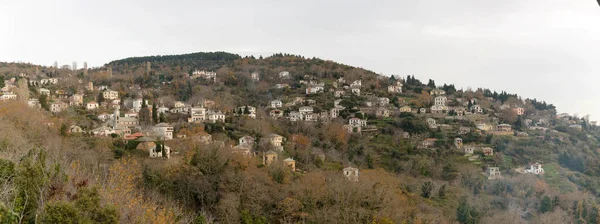 Panoramatický Pohled Tradiční Vesnici Kamennými Domy Zamračeném Dni Řeckém Pelionu — Stock fotografie