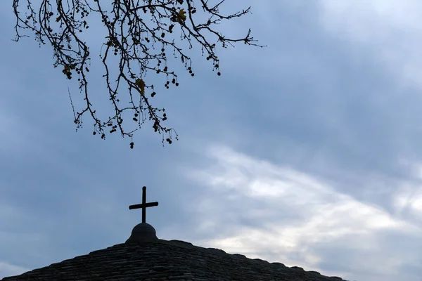 Top Church Silhouette Cross Branches Tree Late Afternoon — Stock Photo, Image