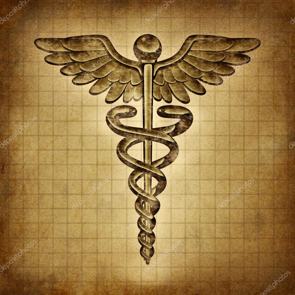 Caduceus on an old grunge parchment document as a vintage medical symbol and health care and medicine icon with snakes crawling on a pole with wings as a pharmacy medicine concept.