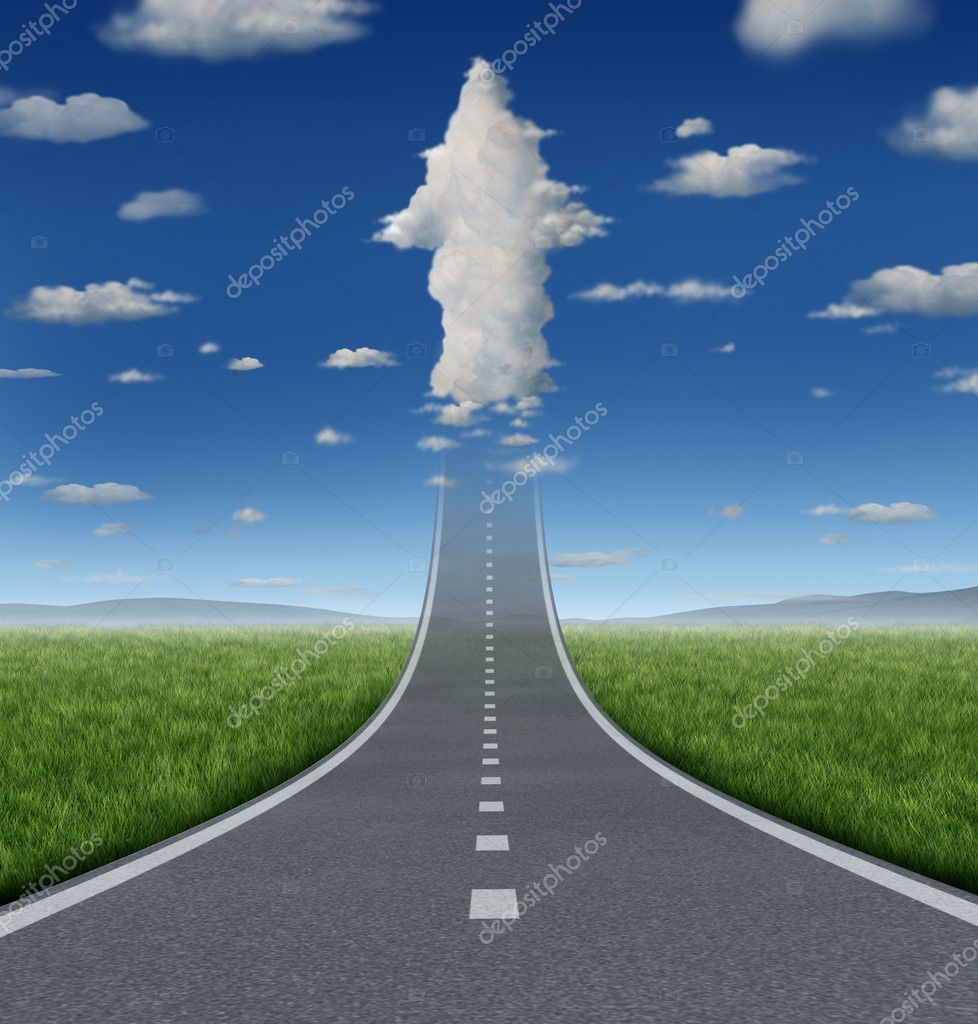 No limits success concept with a road or highway going forward fading into the sky with a group of clouds shaped as an upward arrow as a business symbol of financial freedom and aspirations.