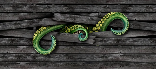 Scary alien monster background and creepy horror beast or as green tentacles breaking out of an old wood fence as a mutant dangerous creature symbol in a 3D illustration style.