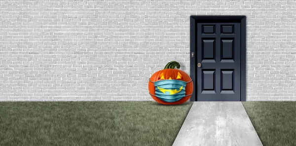 Хэллоуин Входная Дверь Валетом Фонарь Тыква Носить Медицинскую Защиту Лица — стоковое фото