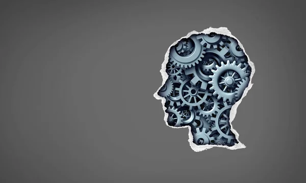 人間の思考や心理学や精神医学の内部健康の概念は 3Dイラスト要素と学習や認知症の神経疾患を表す中にギアや歯車を示す引き裂かれた紙と頭として — ストック写真