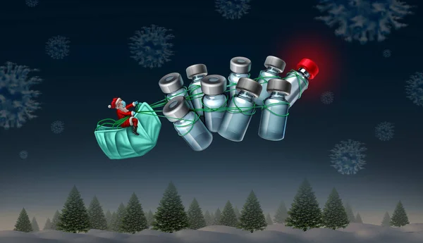 Impfung Winter Und Verteilung Von Weihnachtsimpfstoffen Als Weihnachtsmann Mit Impfstoffflaschen — Stockfoto