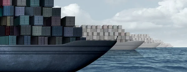 将货物供应链和港口堆积起来 并将船舶集装箱概念作为海运和货物分配的概念 并将集装箱箱作为国际贸易物流问题的符号作为三维示例 — 图库照片