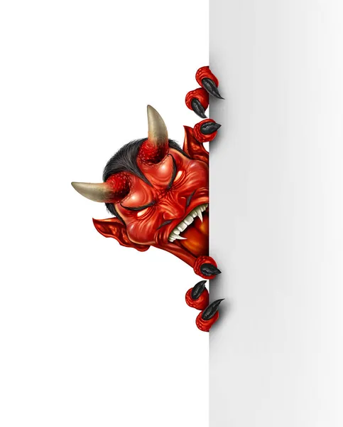 Şeytan Dikey Beyaz Bir Tabelanın Arkasında Saklanıyor Kızgın Kırmızı Tüyler — Stok fotoğraf