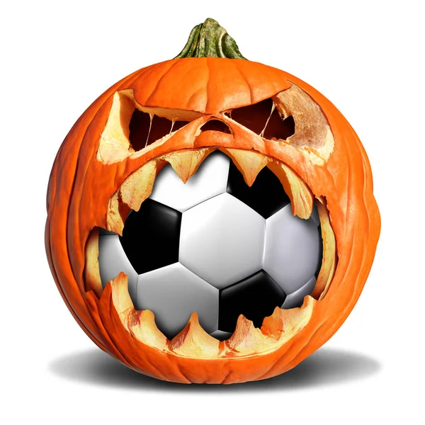 Soccer Autumn Concept Pumpkin Jack Lantern Biting Leather Ball Symbol — Stock Photo, Image
