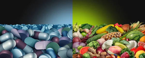 药丸或自然健康药物决策概念 作为一种在健康新鲜水果和蔬菜或药物处方药之间进行营养选择的疗法 以确定最佳健康途径 并附有3D说明 — 图库照片