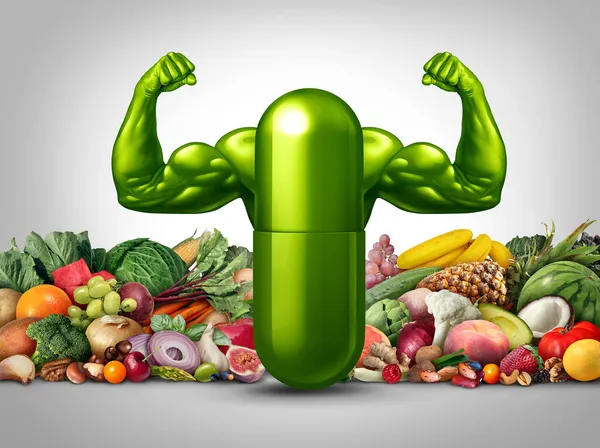 Fruit and Vegetable power health supplement and natural vitamin nutrition or supplements as a capsule with strong arms inside a nutrient pill as a naturally sourced medicine healthy treatment with 3D illustration elements.