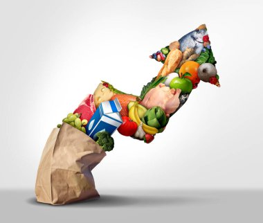 Rising grocery prices and surging cost of supermarket groceries as an inflation financial crisis concept and the rise of food costs as milk meat and eggs coming out of a paper bag shaped as an arrow with 3D render elements. clipart