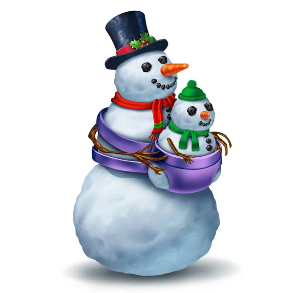 Funny parenting Snowman character as a parent taking care of a baby as a fun traditional family winter greeting celebration and festive seasonal symbol for parents and children play activity as a 3d illustration.