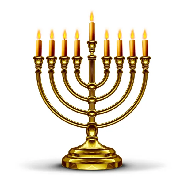 光明节 Hanukkah Menorah 的象征 光明节烛台 Chanukah Candlestick Lit Candles 是白色背景下的季节性传统信仰象征 — 图库照片