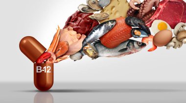 Vitamin B12 natural source nutritional supplement aas cobalamin pill supplements as a capsule inside a nutrient pill as a natural medicine health treatment with 3D illustration elements. clipart