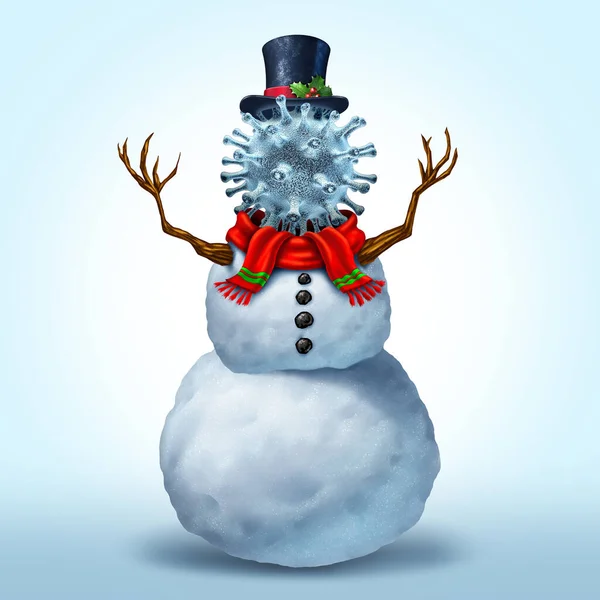 Wintervirus Seizoensgriep Gezondheidsconcept Als Sneeuwpop Met Een Viruskop Voor Virale — Stockfoto