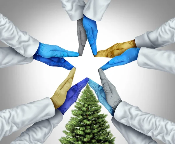 Medical Winter Holiday Greeting Hospital Workers Physicians Joining Hands Forming — Stock Photo, Image