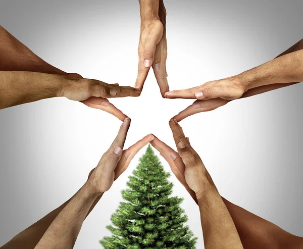 Celebrating Holidays Together Greeting People Hands Joining Forming Tree Star — Foto Stock