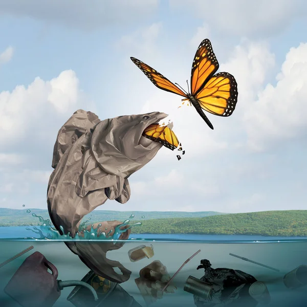 環境への影響と海洋汚染や有毒ガベージ汚染水や水生生物が生息する環境に害を与え 魚の形をしたビニール袋として3Dイラストの要素を持つ蝶を食べる — ストック写真