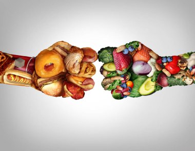 Diet fight and food battle nutrition concept as fresh healthy nutritious foods fighting unhealthy high fat snacks shaped as fists punching each other with 3D illustration elements. clipart