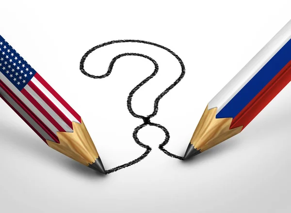 ロシア系アメリカ人の質問とロシア系アメリカ人の質問は モスクワとワシントンとの二つの国旗としての不確実性の現在の政治的危機としての質問3Dイラスト要素 — ストック写真
