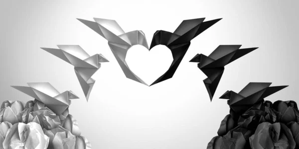 Сочетание Любви Символа Инклюзивности Расовой Гармонии Черно Белые Птицы Оригами — стоковое фото