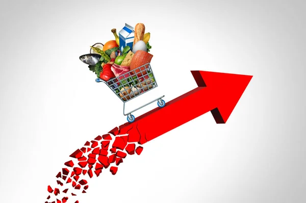 食料コストと食料品価格の上昇インフレ金融危機の概念としてのスーパーマーケットの食料品のコストの高騰3Dレンダリング要素を持つ財務グラフの矢印によってヒット形状の紙袋から出てくる — ストック写真