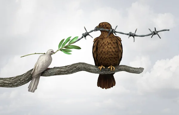 オリーブの枝を持つ平和鳩と 3Dイラスト要素を持つ人権や自由の未来のための戦いで有刺鉄線を引く戦争の鷹との闘い — ストック写真