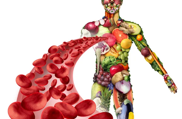 3次元イラスト要素で栄養価の高い病気を食べ戦う医療シンボルとして 健康な動脈を持つ人間の体として形成された果物や野菜群としての果物野菜や血液の健康 — ストック写真