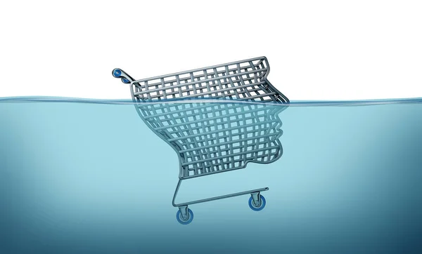 消费者危机的概念和在债务中溺水 购物车形似人头沉入蓝水 是经济衰退或通货膨胀和经济危险的标志 带有3D图解 — 图库照片