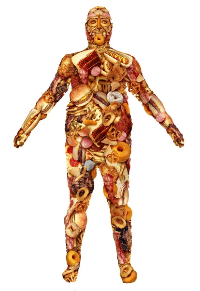 不健康なファーストフードや軽食の巨大なグループとして肥満の人や肥満や糖尿病のシンボルとして栄養と食事の健康問題の概念としてジャンクフードで作られた人間の体 — ストック写真