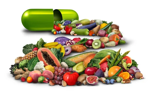 Nutrición Natural Vitaminas Suplementos Como Una Cápsula Con Verduras Frutas —  Fotos de Stock