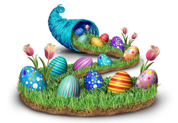 Primavera Pascua Cornucopia Cuerno Objeto Lleno Huevos Decorados Sobre Hierba — Foto de Stock