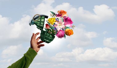 Stop war and No violence concept as a grenade weapon with flowers as a person throwing a symbol for peace and hope with an unexploded bomb or disarmed explosive to spread love with 3D illustration elements. clipart