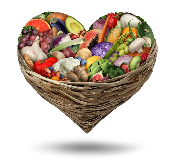 Cinta Buah Dan Sayuran Dan Jantung Simbol Kesehatan Dalam Keranjang — Stok Foto