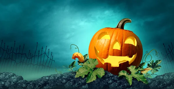 Gruseliger Friedhofskürbis Und Dunkler Düsterer Friedhof Als Gruselig Gespenstischer Halloween — Stockfoto