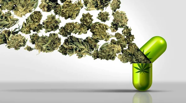药丸胶囊与合法药用大麻的医疗大麻保健概念作为一种比喻 将其作为具有三维插图元素的天然草药药物使用的替代疗法 — 图库照片