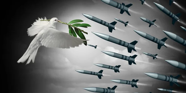 War Concept White Dove Holding Olive Branch Facing Group Bombs — Stockfoto
