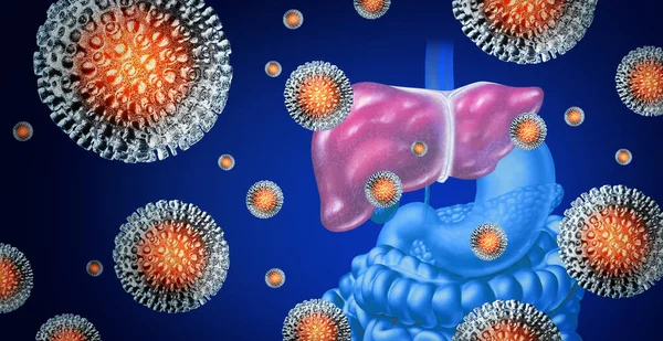 3Dイラスト要素を持つウイルス感染のための医療イラストとしてヒト肝臓上の3次元ヒトウイルス細胞のグループとして肝炎疾患の概念 — ストック写真